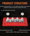 Heavy Duty 300 Amp 12V DC Waterproof Bus Bar Power Distribution Block With Four Three Eighths Inch Studs For Automotive Marine Solar Wiring Positive And Negative Terminal, 4-stud copper contact