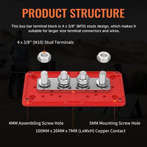Heavy Duty 300 Amp 12V DC Waterproof Bus Bar Power Distribution Block With Four Three Eighths Inch Studs For Automotive Marine Solar Wiring Positive And Negative Terminal, 4-stud copper contact