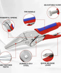 9 Inch Needle Nose Locking Pliers With Cr V Steel Jaws Adjustable Clamping Screw Heavy Duty Beef with TPR handle and adjustable screw.