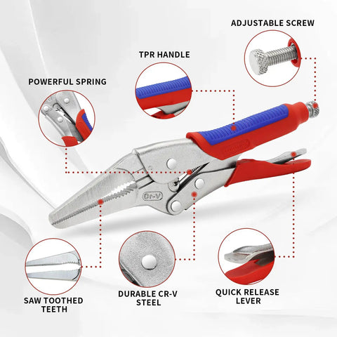 9 Inch Needle Nose Locking Pliers With Cr V Steel Jaws Adjustable Clamping Screw Heavy Duty Beef with TPR handle and adjustable screw.