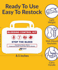MFASCO Stop The Bleed bleeding control kit in white plastic case with red label; portable with carry handle and wall-mount holes.