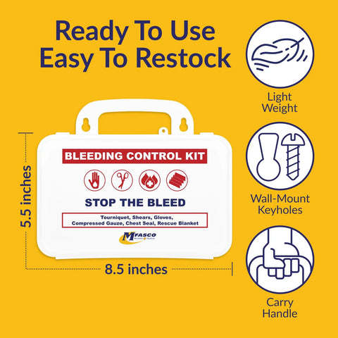 MFASCO Stop The Bleed bleeding control kit in white plastic case with red label; portable with carry handle and wall-mount holes.