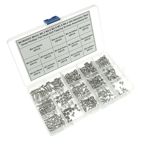 370 Piece Metric 304 Stainless Steel Phillips Flat Head Self Tapping Screws Assortment Kit with M2.2 M2.6 M2.9 M3.5 M4.2 sizes