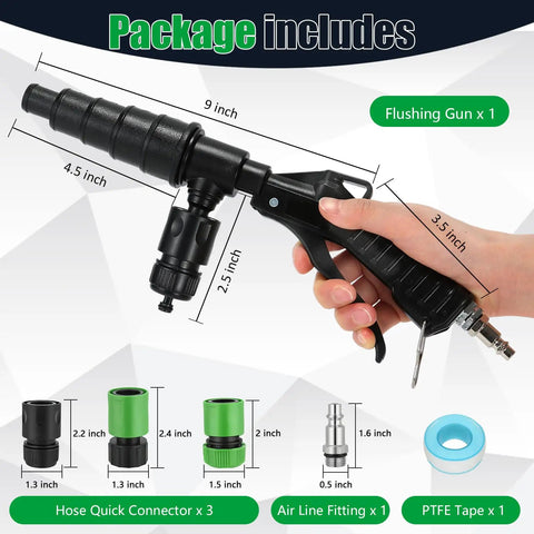 Heavy Duty Radiator Coolant Flush Gun With Manual Twin Pump To Blow Out Stubborn Buildup And Rust From Heater Cores and Entire Cooling System For A Smooth Running Rig, hand-held with various nozzles.