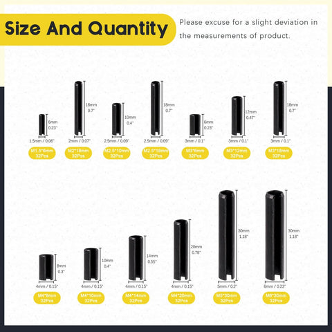 Chart showing 13 sizes of Roll Pin Assortment Kit 416 Pcs 13 Sizes From M1.5 To M6 Slotted Spring Steel Pins with measurements in mm.