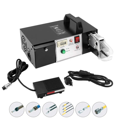 Heavy Duty Electric Terminal Crimping Machine And Automatic Wire Crimper For Insulated Terminals showing black unit with foot pedal.