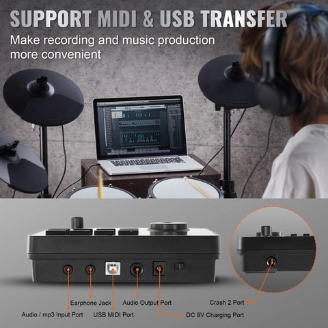 Dope Electric Drum Set With 32 Kits And 480 Sounds USB MIDI Compatible Electronic Drum Kit with USB ports and laptop setup