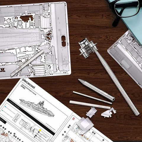 6 Piece Metal Model Tools Set for DIY 3D Puzzles shown with stainless steel tools and puzzle sheets.