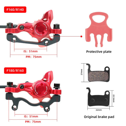 HB875 Two-Piston Hydraulic Disc Brake Set details with protective plate and brake pad dimensions shown