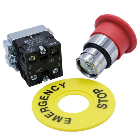 2NC 22mm Red Emergency Stop Push Button Switch Latching E Stop Red Mushroom Style with 40mm Button Diameter and yellow ring