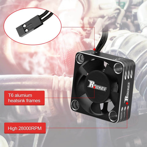 High Performance 30mm RC Motor Heatsink And ESC Cooling Fan with T6 aluminum frame, visible connector, max 28000 RPM speed.