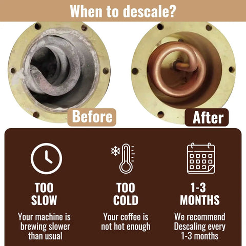 Before and after image showing effectiveness of Universal Descaler For Keurig Nespresso Delonghi And All Single Serve Coffee Makers