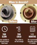 All Purpose Coffee Machine Descaler And Cleaning Solution Made In The USA For A Quick Three Easy Step Clean Keurig Nespresso Breville Delonghi Coffee Makers And Espresso Machines Two Uses Per Bottle Pack Of Four before and after descaling illustration