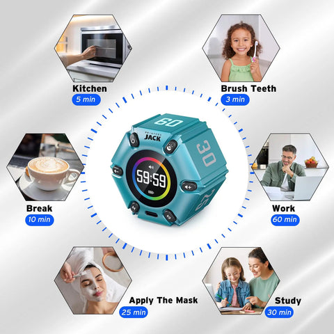 Magnetic Visual Timer With Flip Countdown And Silent Alarm For Work Study And Kitchen, Presets, turquoise central focus.