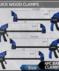 Woodworking Bar Clamps Set for the Shop Four Pack 12 Inch Lightweight clamps with dimensions shown on gray background