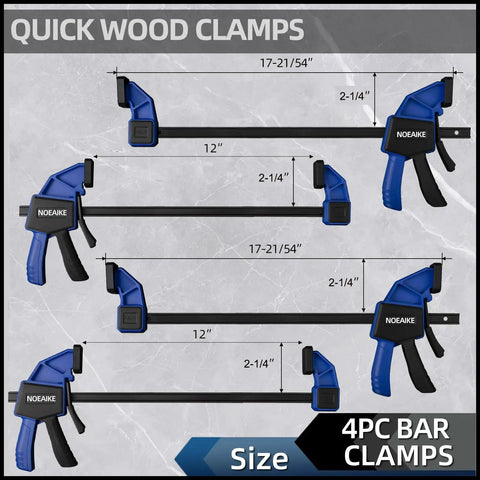 Woodworking Bar Clamps Set for the Shop Four Pack 12 Inch Lightweight clamps with dimensions shown on gray background
