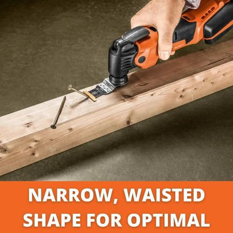 Tear Through Steel Pipe Masonry Brick Cement Board And Wood With This Rugged Starlock Oscillating Multitool Carbide Blade Designed For No Drag Cutting And Pro Level Control On Demolition Projects. Image of multitool cutting wood with waisted blade.