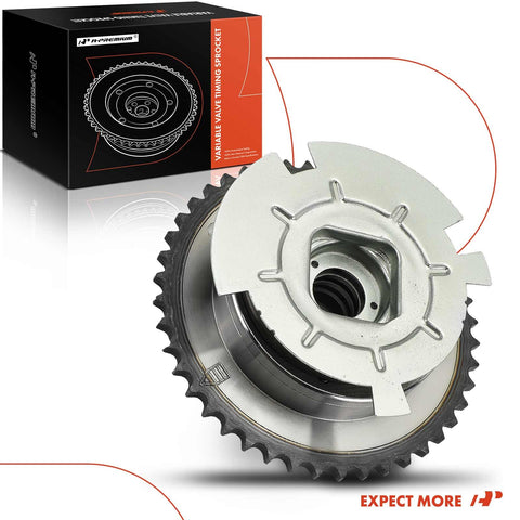 Front view of A-Premium VVT sprocket camshaft adjuster with silver gear and black/orange packaging box