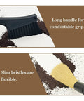 No Sweat Coffee Grinder Brush Set With Removable Heads And Heavy Duty Wood Handles Built To Knock Out Espresso Residue Fast Dead Simple Counter Sweeping Straight Up Barista Must Have Combo featuring a black brush with long handle and a flexible bristle brush on espresso grounds.