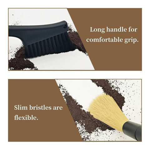 No Sweat Coffee Grinder Brush Set With Removable Heads And Heavy Duty Wood Handles Built To Knock Out Espresso Residue Fast Dead Simple Counter Sweeping Straight Up Barista Must Have Combo featuring a black brush with long handle and a flexible bristle brush on espresso grounds.