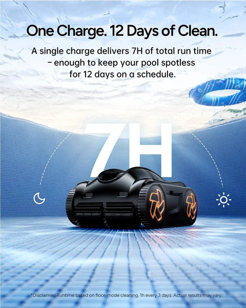 K70 Robotic Pool Cleaner With 7 Hour Battery Life, Cordless Vacuum, Turbo 200 Percent Suction, shown in a pool setting.