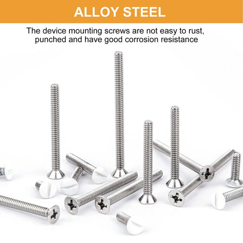 Straight Up Heavy Duty White Outlet Screws Kit For Wall Plate And Device Mounting Extra Long Machine Fasteners With Slotted Oval Heads, alloy steel screws.