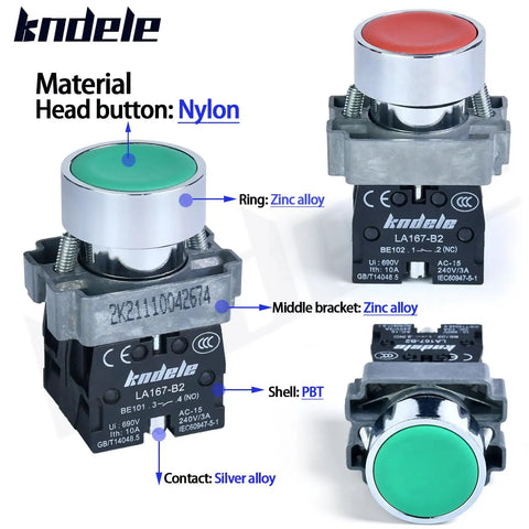 2 Pack 22mm Momentary Push Button Switches Red And Green 1NO 1NC SPDT Metal Head Waterproof IP65 Close-up View