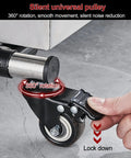 Close-up of a 360° wheel on Mop And Broom Holder Heavy Duty Stainless Steel Tool Rack With Movable Organizer Storage.