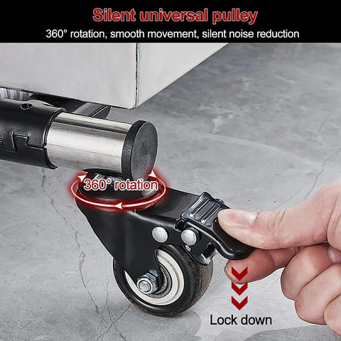 Close-up of a 360° wheel on Mop And Broom Holder Heavy Duty Stainless Steel Tool Rack With Movable Organizer Storage.