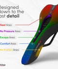 Memory Foam Mountain Bike Seat With Ergonomic Five Zone Concept for all-day comfort, labeled diagram showing seat areas.