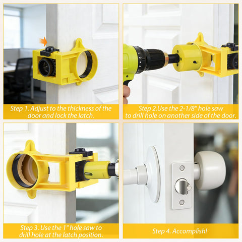 Easy Adjustable Door Lock Installation Kit with guide template for metal or wood doors with one inch and two and one eighth inch hole saws.