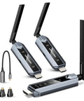 Dope Wireless HDMI Transmitter And Receiver Extender Kit With LED Screen, three units including transmitter and receivers with antennas.