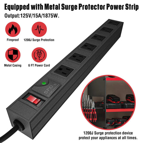 Close-up of a metal surge protector power strip with outlets, part of the Power Tool Organizer With Charging Station Wall Mount For Garage.