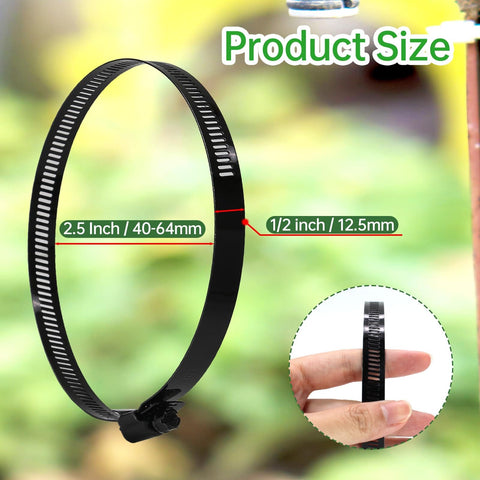 Four Piece Two Point Five Inch Hose Clamp Set With Adjustable Range 40 To 64 mm Stainless Steel Duct And Fuel Line Clamps Black Worm Gear Clamps For Auto Pipes And Tubes DIY Friendly, showing size and measurement details.