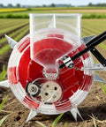 Close-up of Walk Behind Row Crop Planter And Roller Seeder Dope Garden Tool For Home Use on a vegetable field