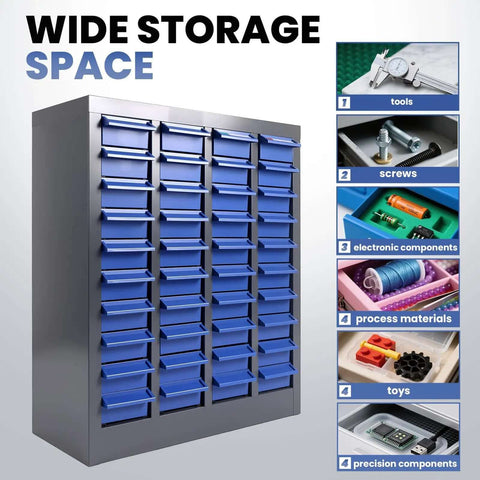 40 Drawer Nut And Bolt Organizer Cabinet With Alloy Steel And ABS Construction, 21 Inches Long By 9 Inches Wide By 25 Inches High, heavy duty.