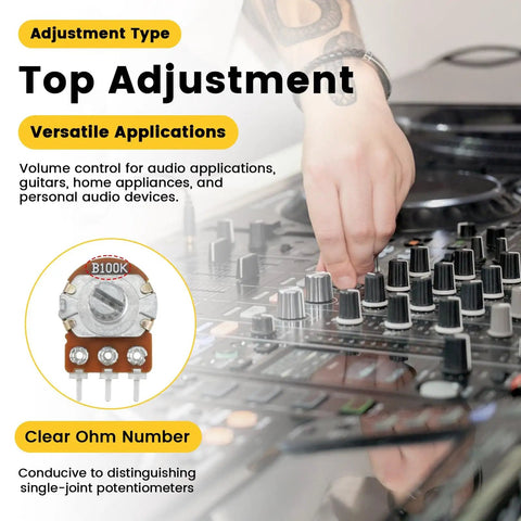 Person adjusting audio mixer with 128 Piece Potentiometer Kit For DIY Audio Builds Includes 15mm Linear Pots In 1K 2K 5K 10K 20K 50K 100K 200K 250K 500K And 1M