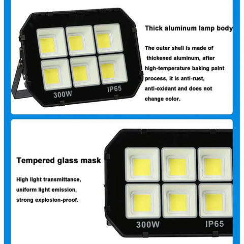 JUDYSSY Bright Led Floodlight 30W-600W, 300W model with thick aluminum body and tempered glass for waterproof use.