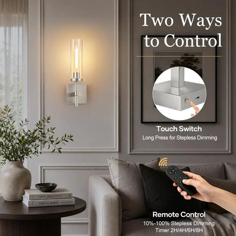 Wireless Wall Sconces with Remote Control, 10000mAh Battery Operated Wall Sconce Set of 2, brushed nickel finish with dimming features.