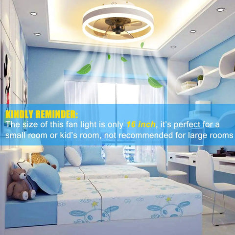 Dope 16 Inch Bladeless Ceiling Fan With Lights Remote And App Control in a modern bedroom, perfect for small spaces.
