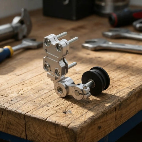 Heavy Duty Motorcycle Chain Adjuster With Roller Wheel And Machined Aluminum Shell For Dead Simple Tension Setup Street Ready Smooth Cruising Blue Anodized tool on a wooden bench.