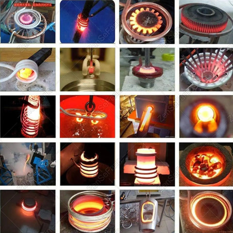 Multiple images of the Built Tough Heavy Hitter Induction Heater 15KW in use for metal melting and brazing processes.