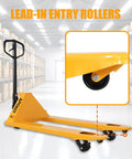 Apollolift Hydraulic Pallet Jack Truck, 5500 Lb Capacity showing lead-in entry rollers and steel frame in warehouse.