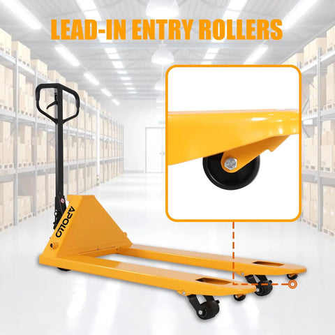 Apollolift Hydraulic Pallet Jack Truck, 5500 Lb Capacity showing lead-in entry rollers and steel frame in warehouse.