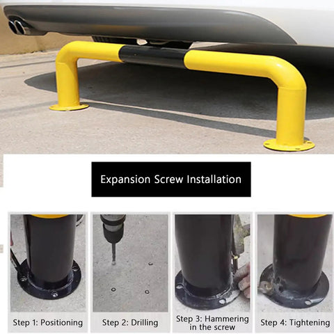 U Shaped Steel Pipe Wheel Stop With Anti Collision Round Parking Post in visibility yellow black, steps for installation shown.