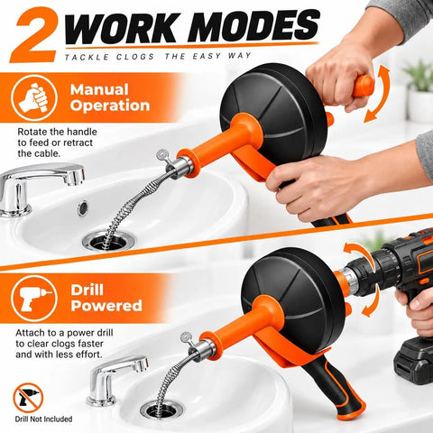 Wipe Blockages Off The Map With This Badass 33 Foot Heavy Duty Drain Snake Auger in use for manual and drill modes.