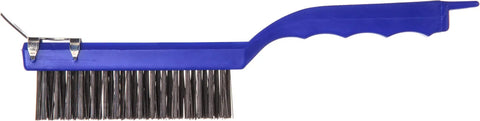 Flo Pac Plastic Grill And Kitchen Cleaning Brush With Scraper 11.38 Inch Griddle Brush ergonomic blue handle side view