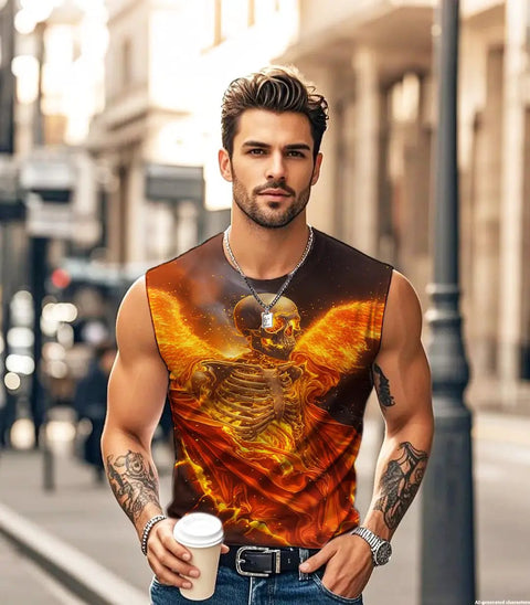Mens 3D Print Skull Sleeveless Gym Tank Top Quick Dry Lightweight Breathable Stretch Athletic Muscle Tee worn casually outdoors.