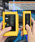 Hands holding a rechargeable network cable tester from RJ45 Pass-Through Crimp Tool For Cat7 Ethernet Cables kit, with LED display.