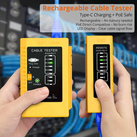 Hands holding a rechargeable network cable tester from RJ45 Pass-Through Crimp Tool For Cat7 Ethernet Cables kit, with LED display.